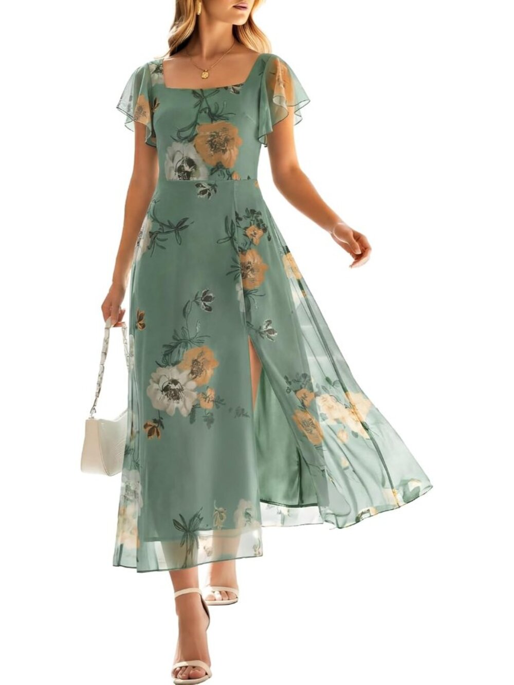 Women's Dusty Olive Floral Square Neck Floral Tulle Wedding Guest Midi Dresses